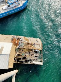 High angle view of ship moored at harbor