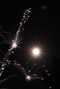 Low angle view of illuminated lights at night