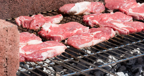 Close-up of meat on barbecue grill