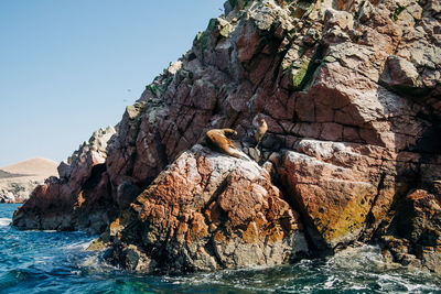 Rock formation by sea against clear sky