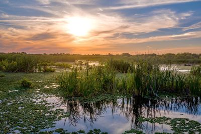 Scenic view of lake against sky during sunset