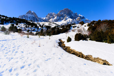 Scenic view of snow covered mountains against sky