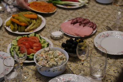 High angle view of meal served on table