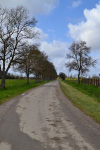 Road amidst bare trees on field against sky