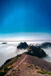 Scenic view of sea and mountains against blue sky