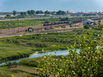 Scenic view of river by field against sky