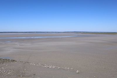 Scenic view of beach against clear blue sky