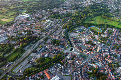 High angle view of road amidst buildings in city