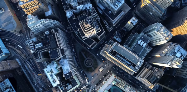 High angle view of modern buildings in city