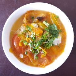 High angle view of soup in bowl