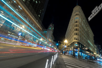 Light trails on road at night
