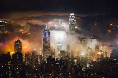 High angle view of illuminated buildings