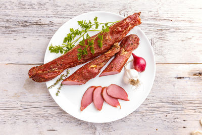 High angle view of food in plate on table