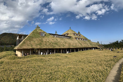 Houses on field against sky