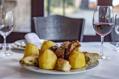 Close-up of food served on table