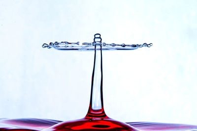 Close-up of water drops on glass against white background