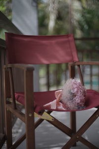 Close-up of pink flower on chair