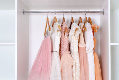 Close-up of clothes hanging on rack