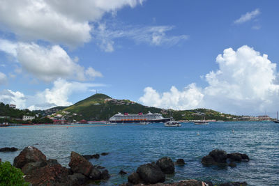 Scenic view of sea by buildings against sky