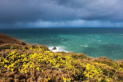 Scenic view of sea against cloudy sky