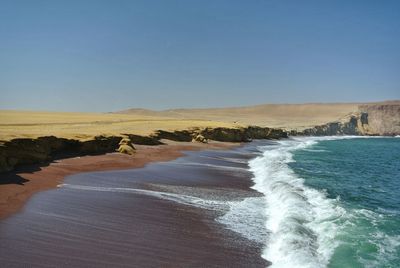 Scenic view of sea against clear blue sky