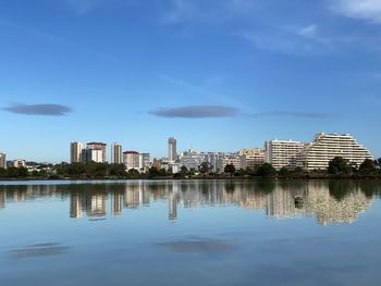 Reflection of buildings in lake against blue sky