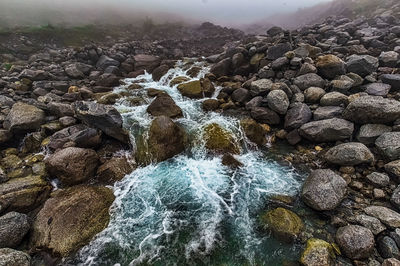 Aerial view of river flowing through rocks