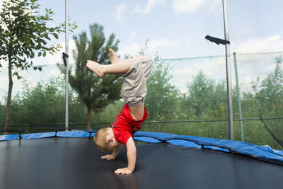 Side view of boy practicing handstand on trampoline against trees