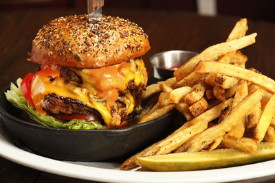 Close-up of burger and french fries