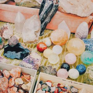 High angle view of multi colored candies for sale in market