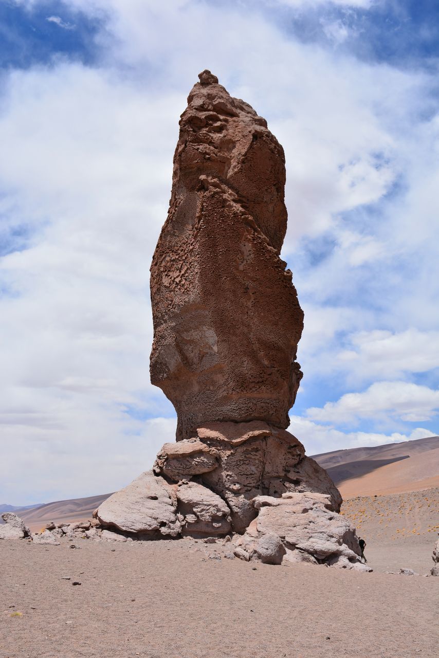 LOW ANGLE VIEW OF ROCK FORMATION ON DESERT AGAINST SKY