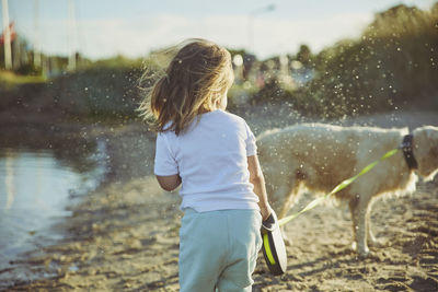 Charming child walking the dog on the beach at sunset