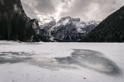 Scenic view of snow covered mountains against sky