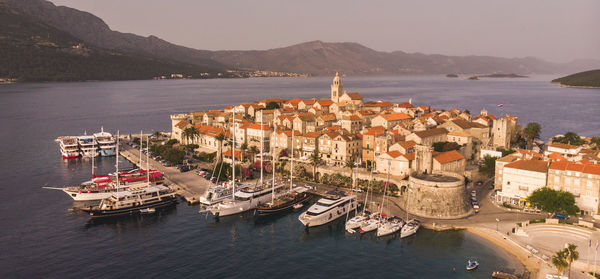 High angle view of boats in sea