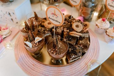 High angle view of chocolate cake on table