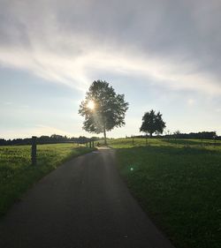 Road by trees on field against sky