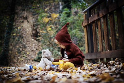 View of stuffed toy in forest