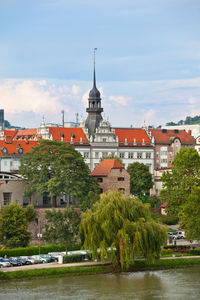 Buildings by river against sky in city