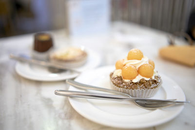 Close-up of dessert in plate on table