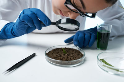 Cropped hand of boy examining plant at laboratory
