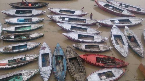 High angle view of boats moored on river