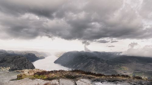 Scenic view of mountains against cloudy sky