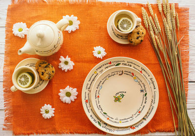 High angle view of tea cup on table
