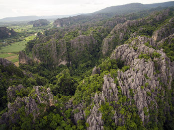 High angle view of trees and mountains against sky