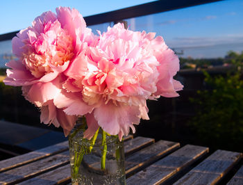 Close-up of pink flower vase on table