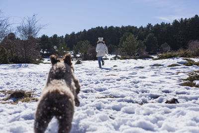 Rear view of dog at woman running on snowy landscape