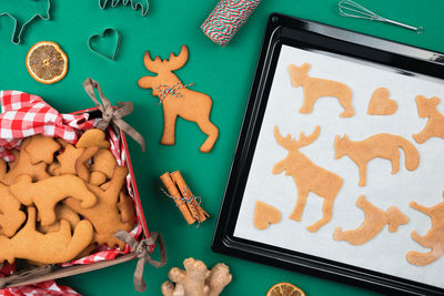 High angle view of cookies on table