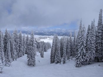 Panoramic view of snow covered landscape against sky