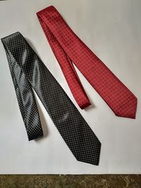 High angle view of necktie against white background