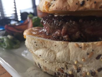 Close-up of burger on table